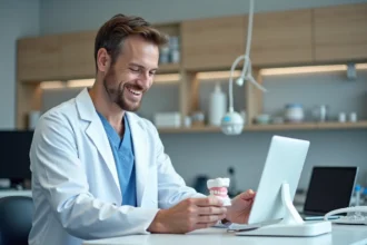 Technicien dentaire souriant avec modèle 3D en laboratoire