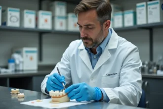 Technicien de laboratoire dentaire examinant une prothèse céramique sur un établi équipé de matériel Capdentaire