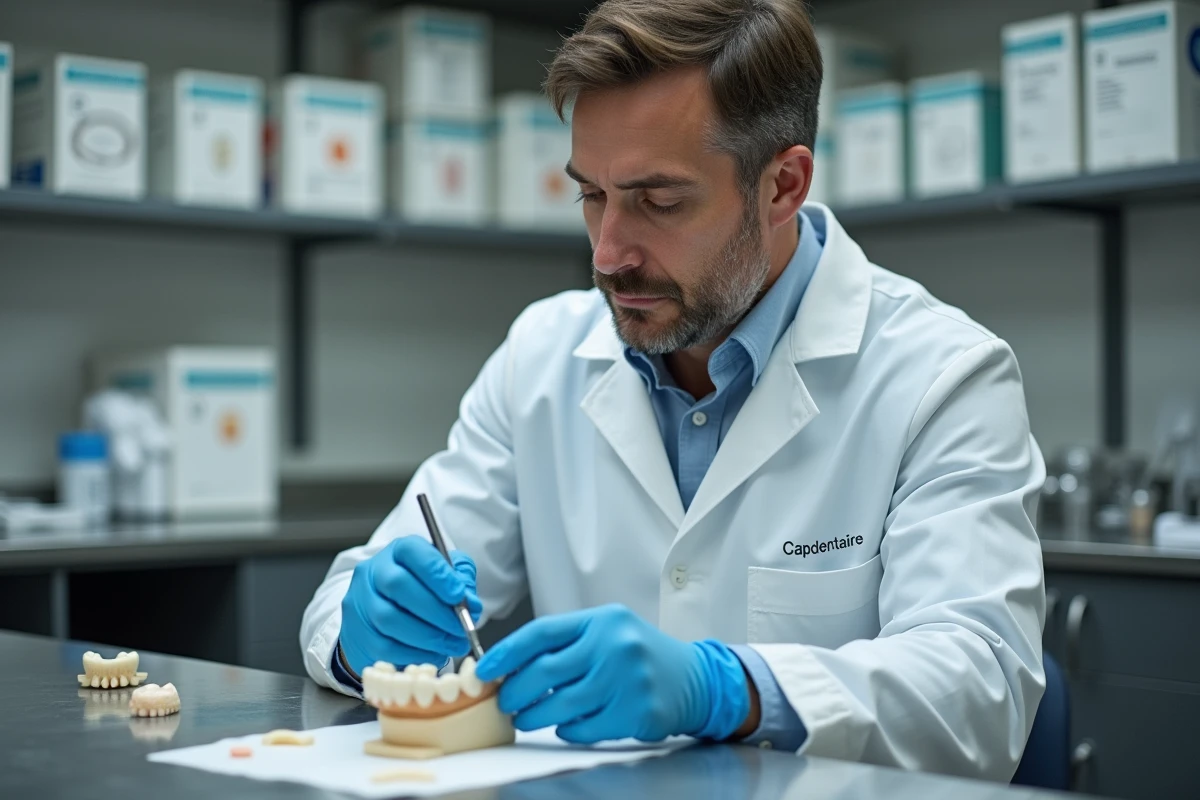 Technicien de laboratoire dentaire examinant une prothèse céramique sur un établi équipé de matériel Capdentaire