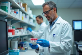 Technicien de laboratoire en blouse blanche examine des flacons