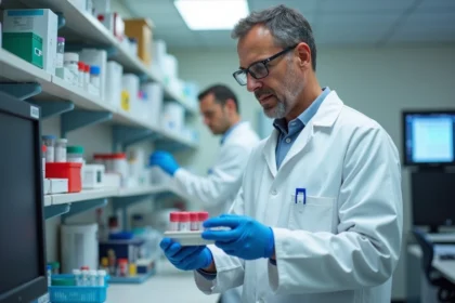 Technicien de laboratoire en blouse blanche examine des flacons