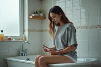 Femme tenant un test de grossesse négatif assise sur le bord d'une baignoire avec une expression pensive et anxieuse