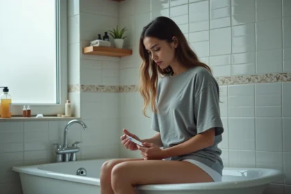 Femme tenant un test de grossesse négatif assise sur le bord d'une baignoire avec une expression pensive et anxieuse