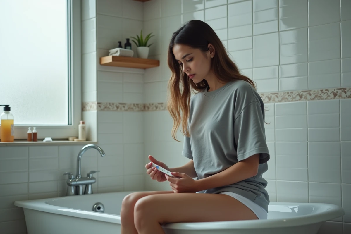 Femme tenant un test de grossesse négatif assise sur le bord d'une baignoire avec une expression pensive et anxieuse