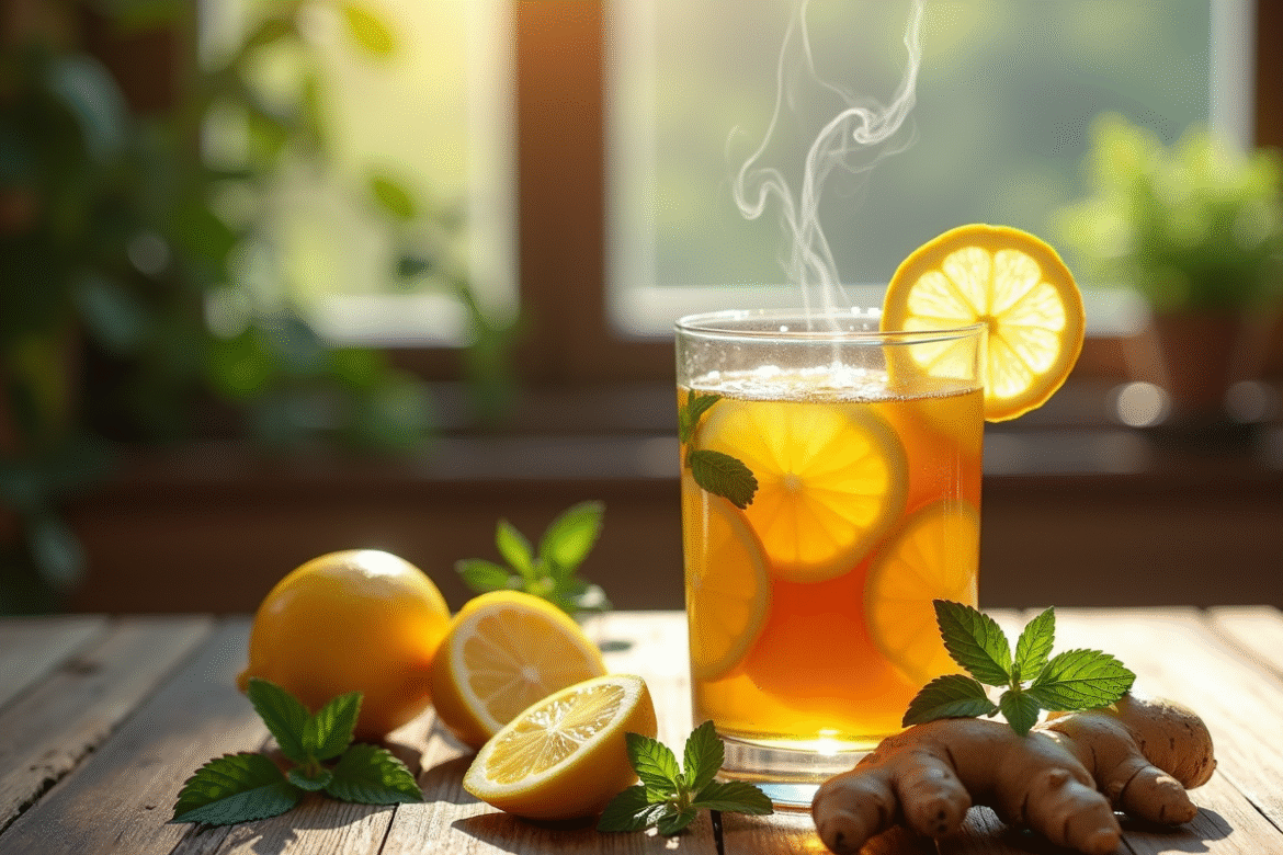 Thé au gingembre frais avec citron et menthe sur une table en bois