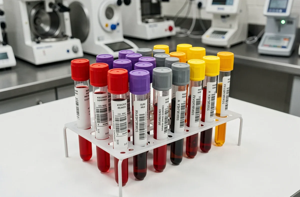 Tubes de prélèvement sanguin colorés dans un rack de laboratoire médical avec centrifugeuse en arrière-plan
