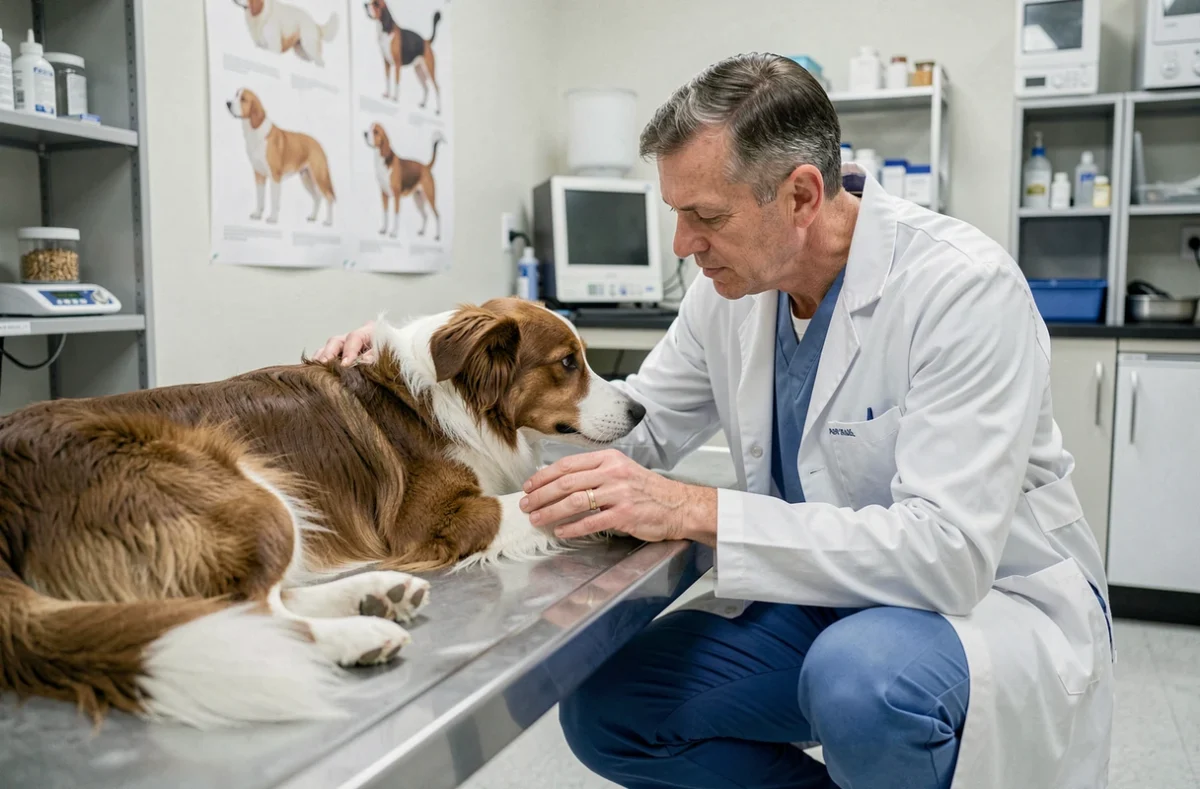Vétérinaire examinant l'abdomen d'un border collie en consultation post-opératoire après une splénectomie pour tumeur