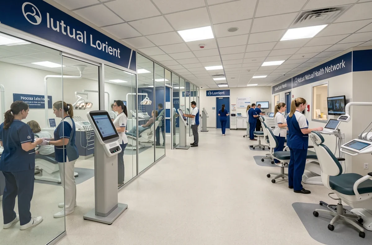 Vue intérieure du centre dentaire VYV à Lorient avec espace d'accueil et personnel soignant
