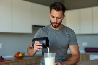 Jeune homme débutant en musculation préparant une dose de whey protéine dans une shaker sur un comptoir de cuisine moderne