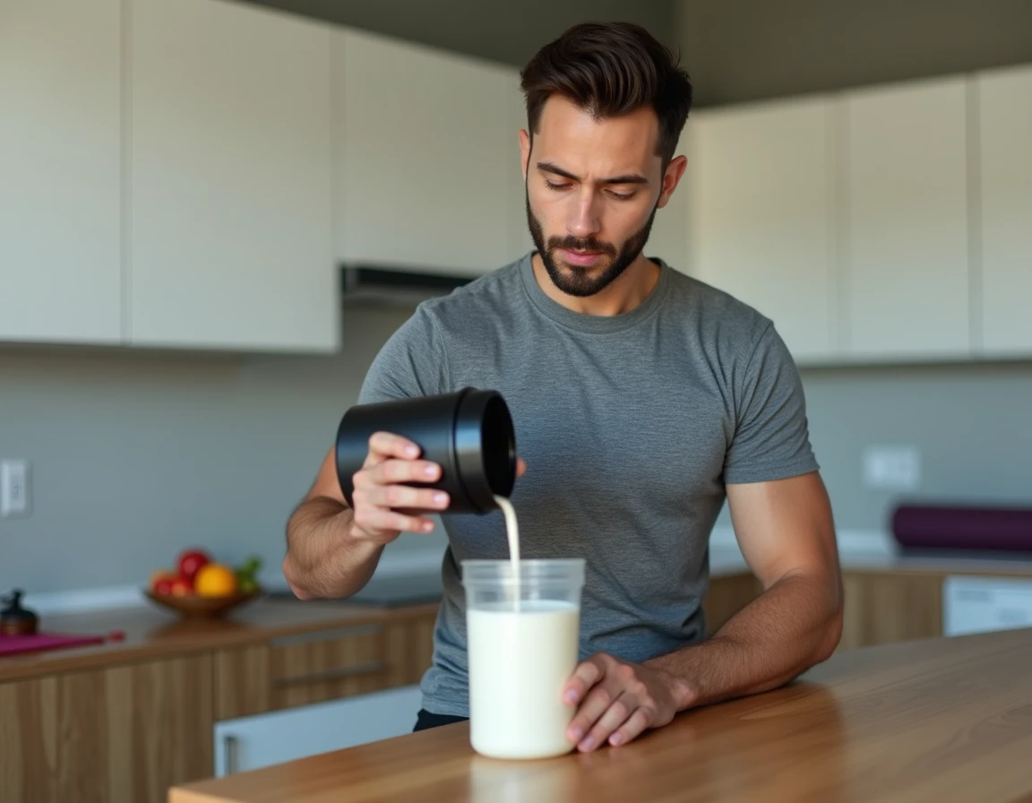 Jeune homme débutant en musculation préparant une dose de whey protéine dans une shaker sur un comptoir de cuisine moderne